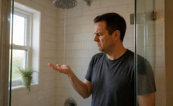 Homeowner checking a weak shower stream caused by low water pressure