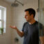 Homeowner checking a weak shower stream caused by low water pressure